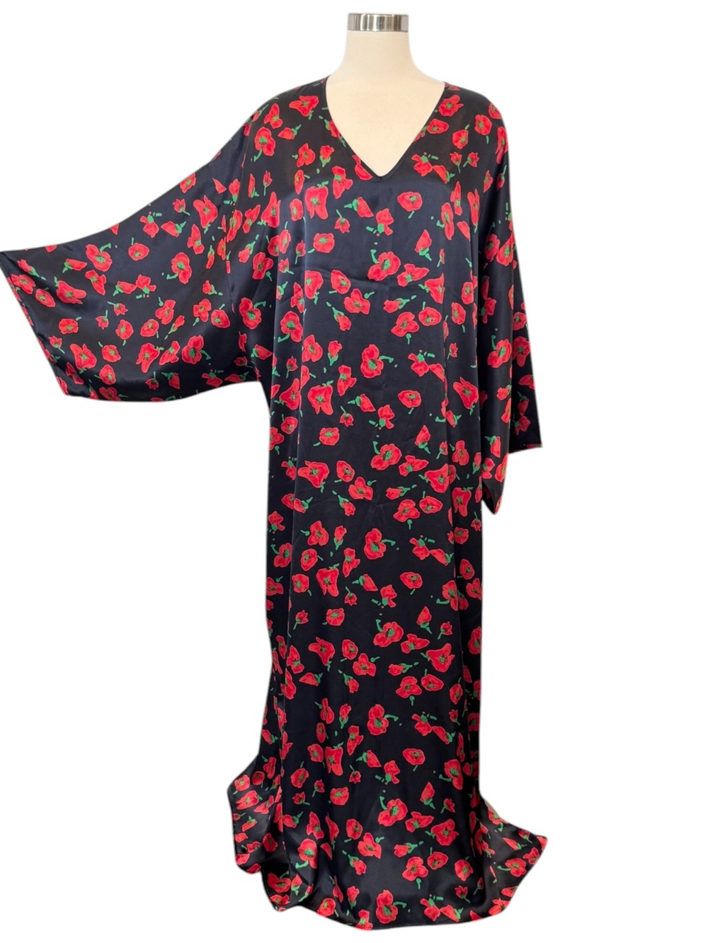 Natori Silky Satin Black Red Floral Print Vintage Kaftan Lounging Maxi Gown 3X